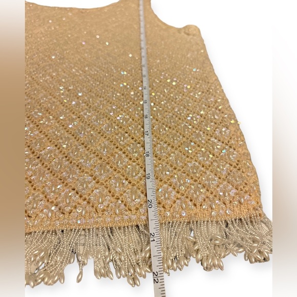 Vintage 60s Sequins Top Beige Lambswool Beaded Fringe Size M - Picture 5 of 5